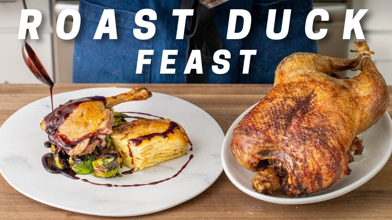 Roast Duck Feast Potatoes Au Gratin And Brussel Sprouts With