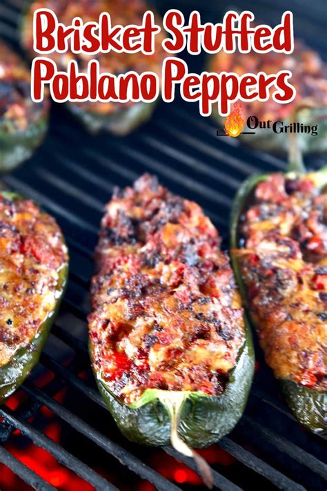 Three Stuffed Poblano Peppers Cooking On The Grill With Text Overlay